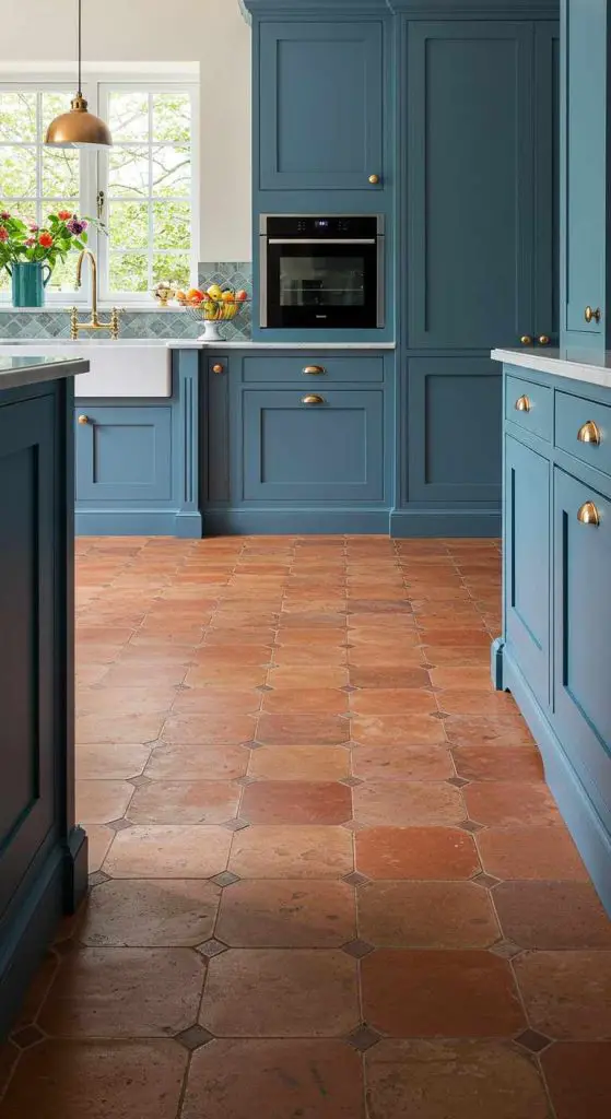 10 Kitchen Flooring Ideas with Blue Cabinets for a Fresh and Vibrant Look 11 10. Terracotta Tile Flooring for a Mediterranean Touch