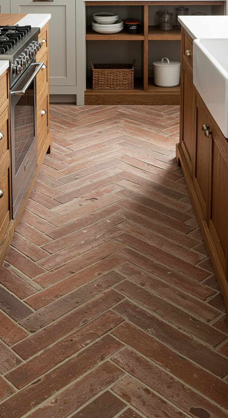 8 Rustic Kitchen Brick Flooring Ideas for a Timeless Charm 3 2. Herringbone Brick Flooring Pattern