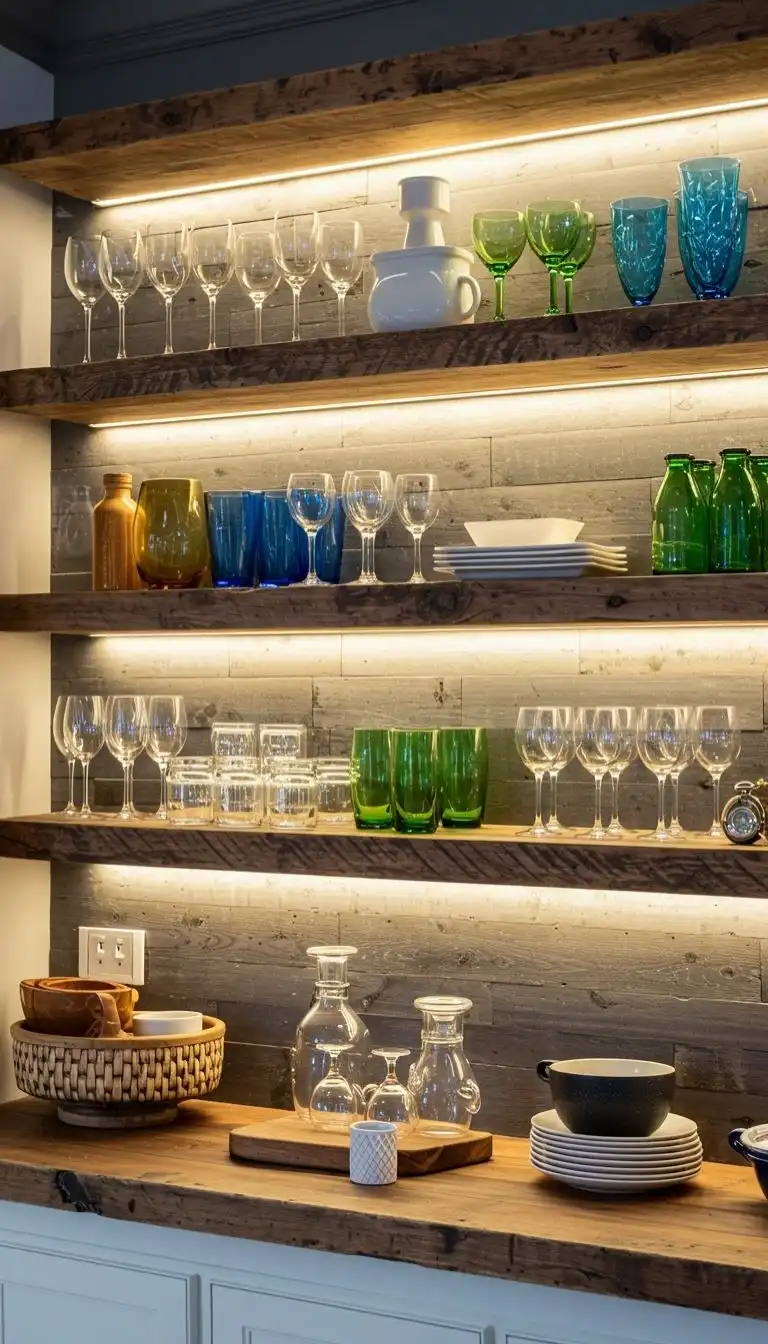 9 Reclaimed Wood Shelving Ideas for Kitchen 3 2. Open Shelving with Glassware Display