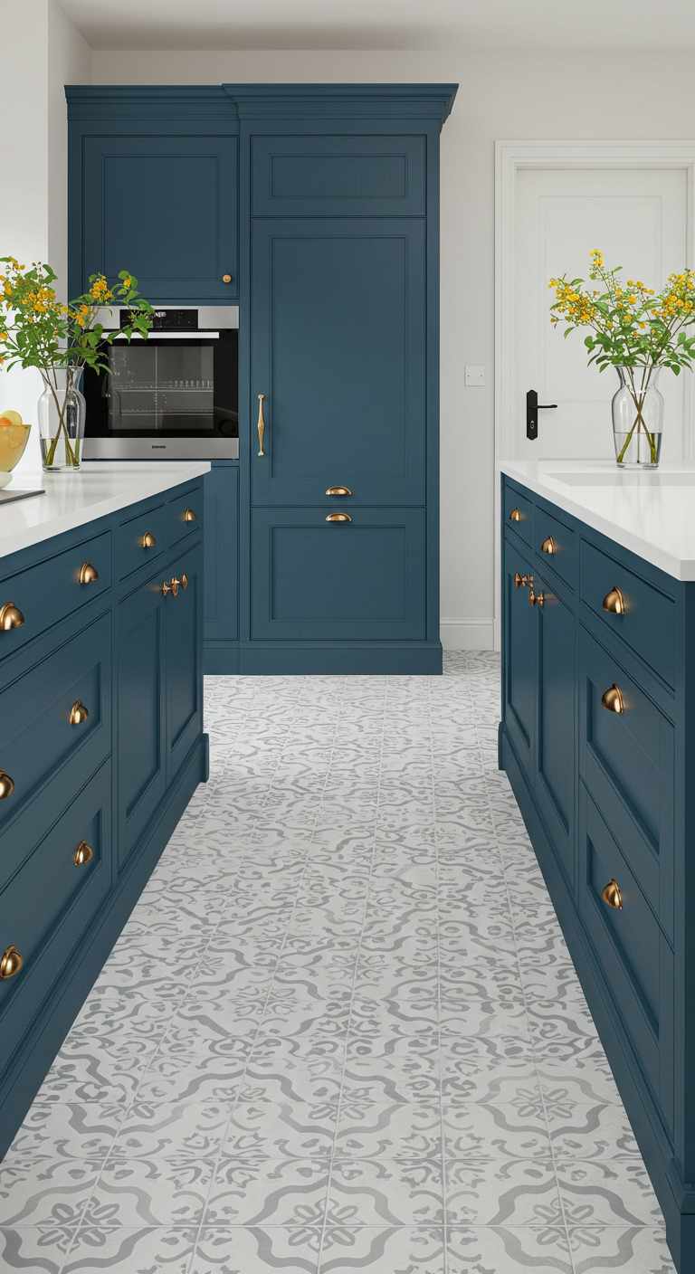 10 Kitchen Flooring Ideas with Blue Cabinets for a Fresh and Vibrant Look 3 2. Porcelain Tile Flooring