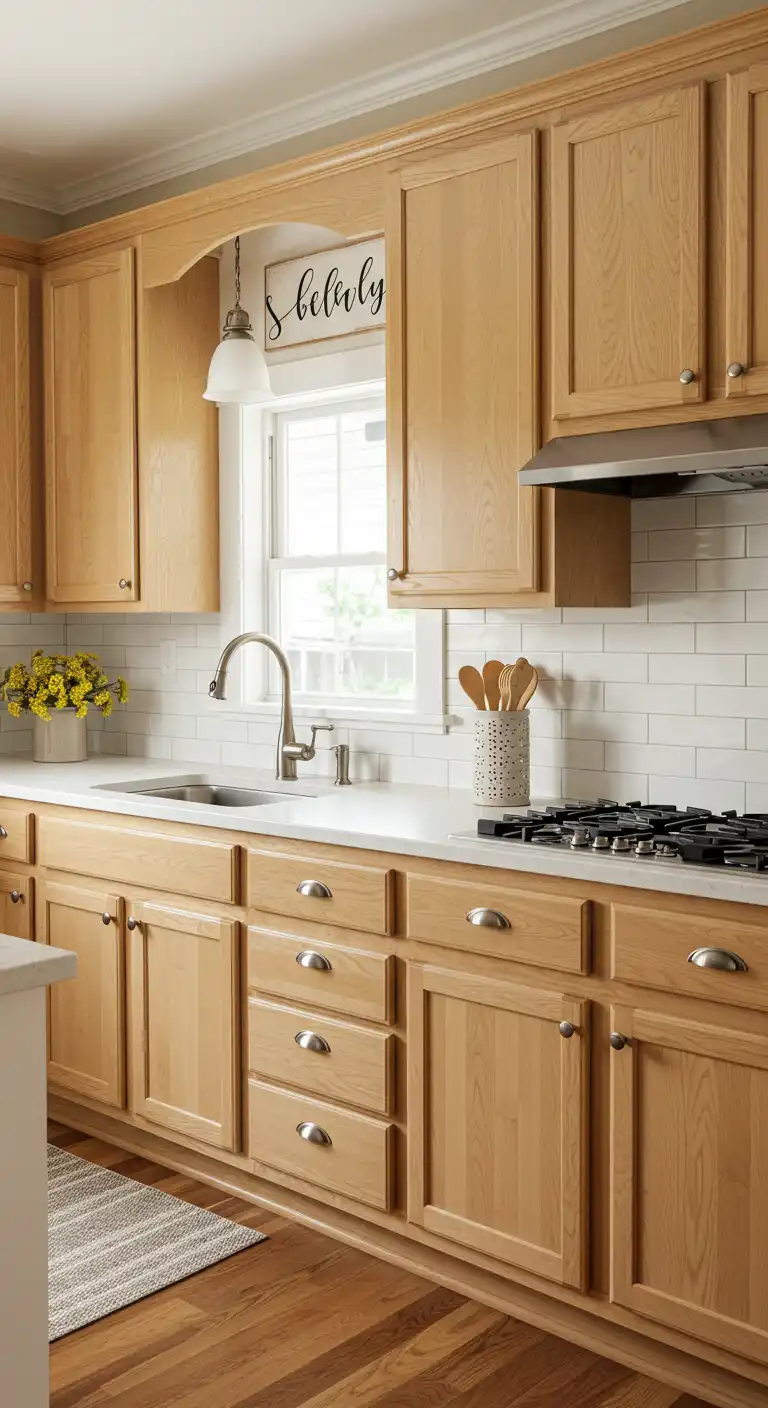 8 Kitchen Color Ideas with Oak Cabinets for a Timeless Look 3 2. Warm Beige for a Cozy and Elegant Appeal