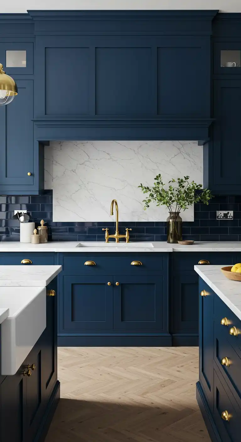 10 Trendy Kitchen Color Schemes for a Fresh New Look 4 3. Navy Blue and Brass Accents