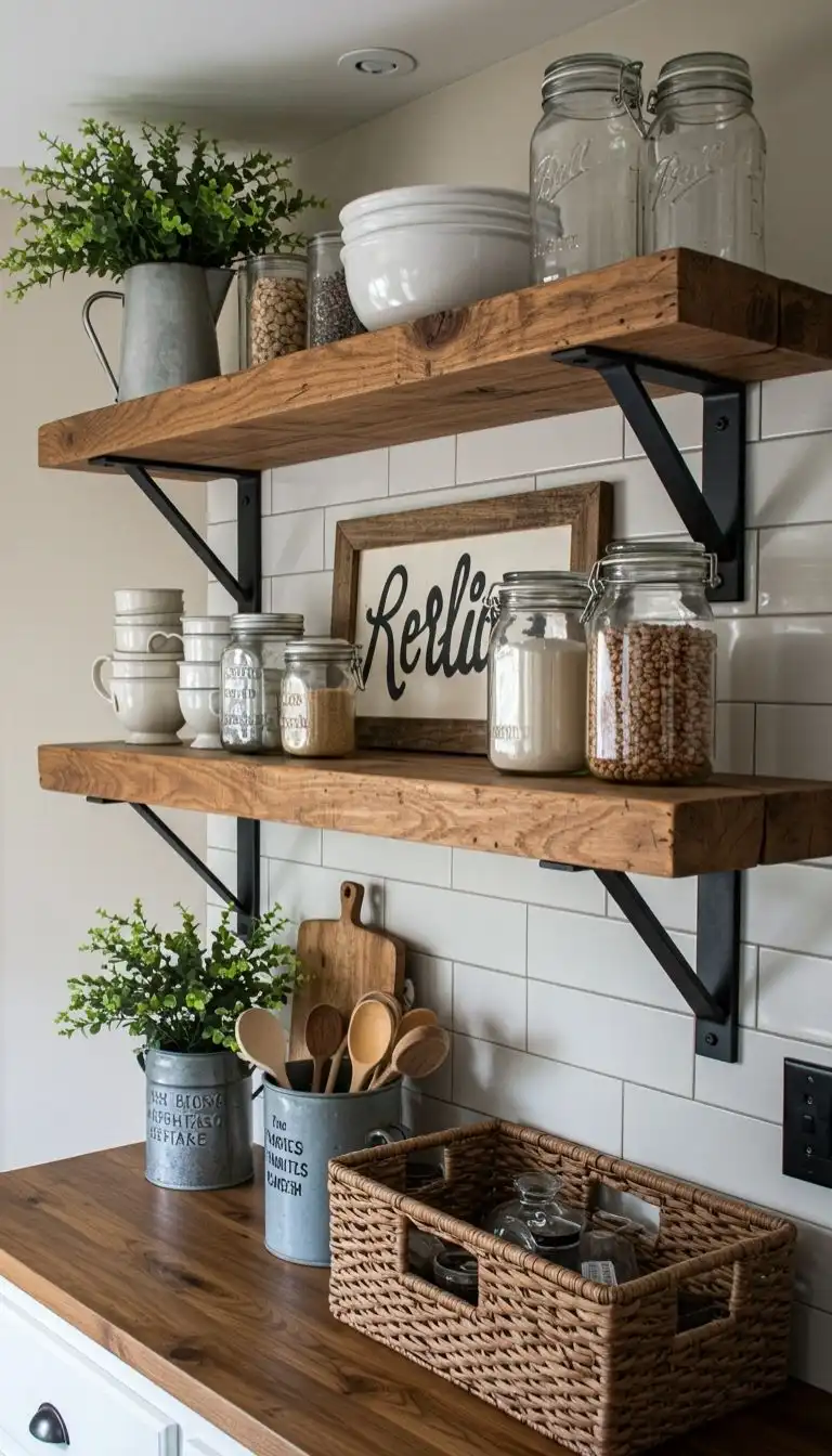 9 Reclaimed Wood Shelving Ideas for Kitchen 4 3. Rustic Farmhouse Shelving with Metal Brackets