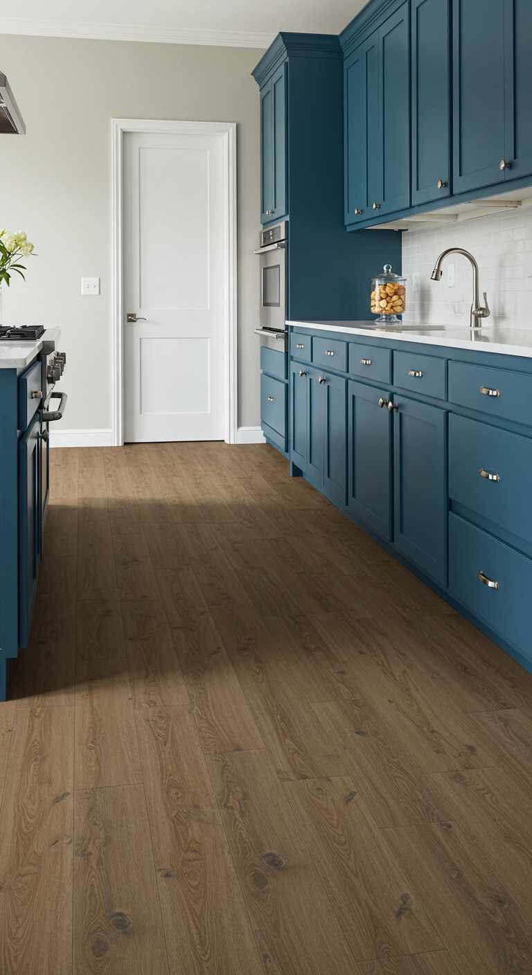 10 Kitchen Flooring Ideas with Blue Cabinets for a Fresh and Vibrant Look 4 3. Vinyl Plank Flooring