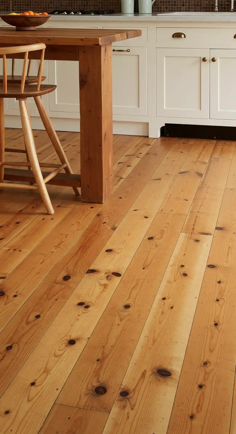 10 Warm and Stylish Kitchen Wood Flooring Ideas for a Cozy Space 4 3. Wide-Plank Pine Flooring
