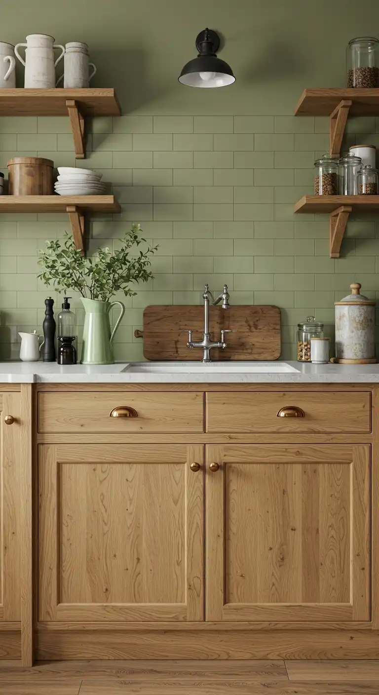 8 Kitchen Color Ideas with Oak Cabinets for a Timeless Look 5 4. Earthy Green for a Natural and Calming Ambience