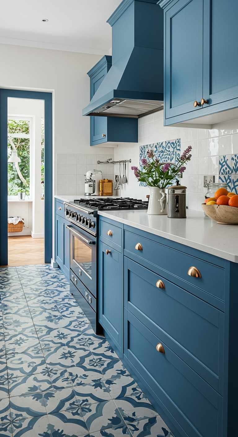 10 Kitchen Flooring Ideas with Blue Cabinets for a Fresh and Vibrant Look 5 4. Patterned Cement Tiles