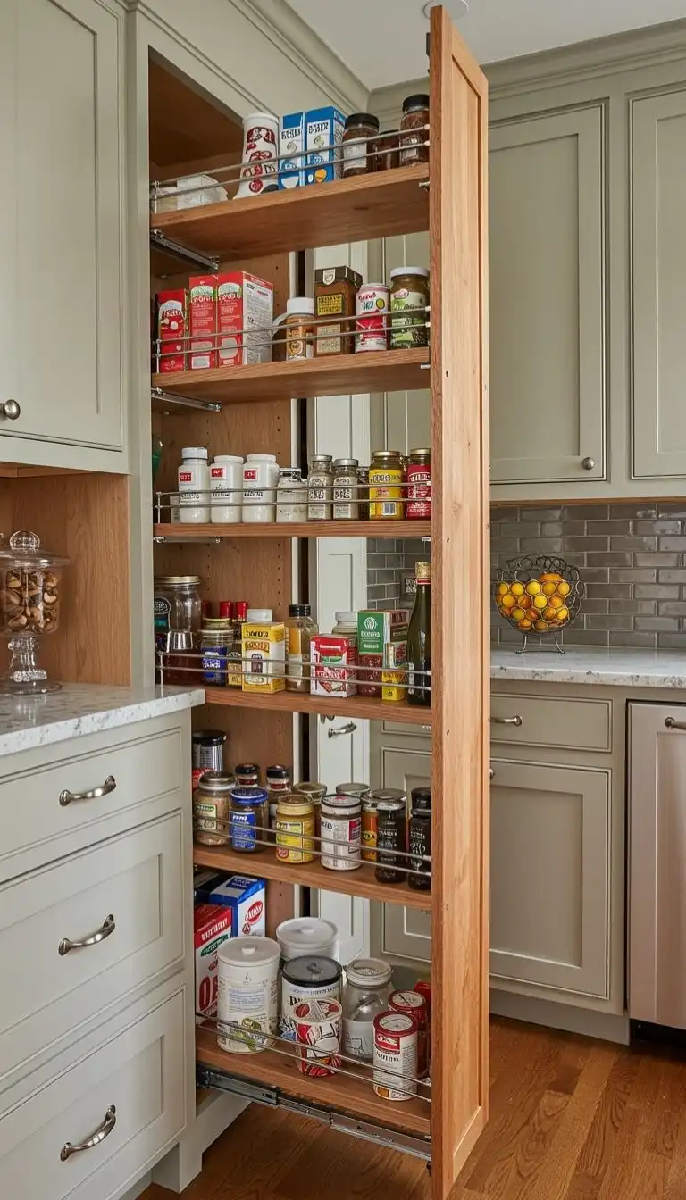 9 Reclaimed Wood Shelving Ideas for Kitchen 5 4. Pull-Out Pantry with Reclaimed Wood Shelving