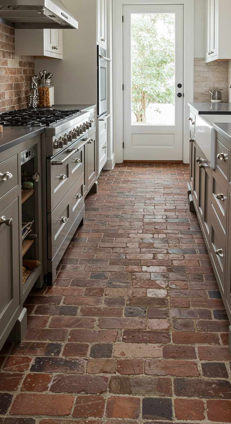8 Rustic Kitchen Brick Flooring Ideas for a Timeless Charm 5 4. Reclaimed Brick Flooring