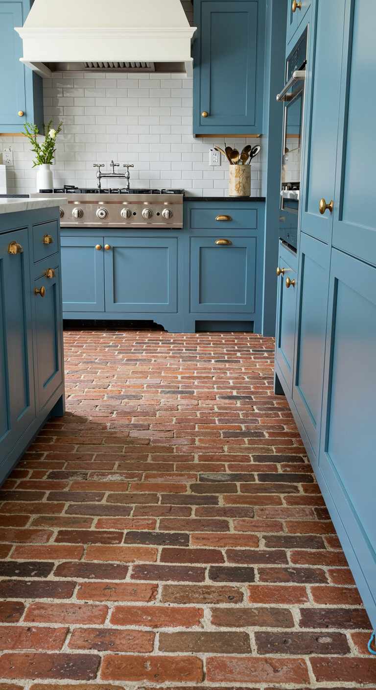 10 Kitchen Flooring Ideas with Blue Cabinets for a Fresh and Vibrant Look 6 5. Brick Flooring for a Rustic Touch