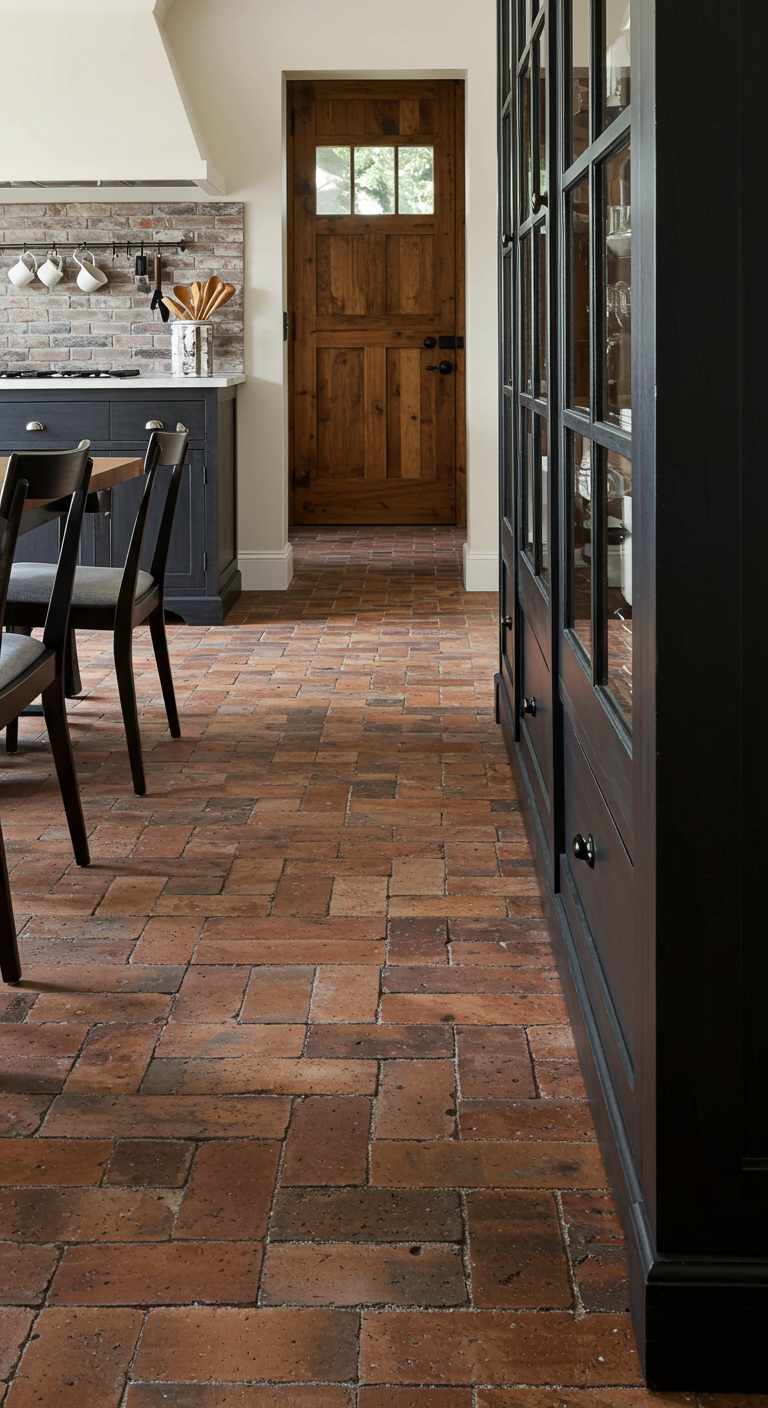 8 Rustic Kitchen Brick Flooring Ideas for a Timeless Charm 6 5. Brick Flooring with Dark Grout
