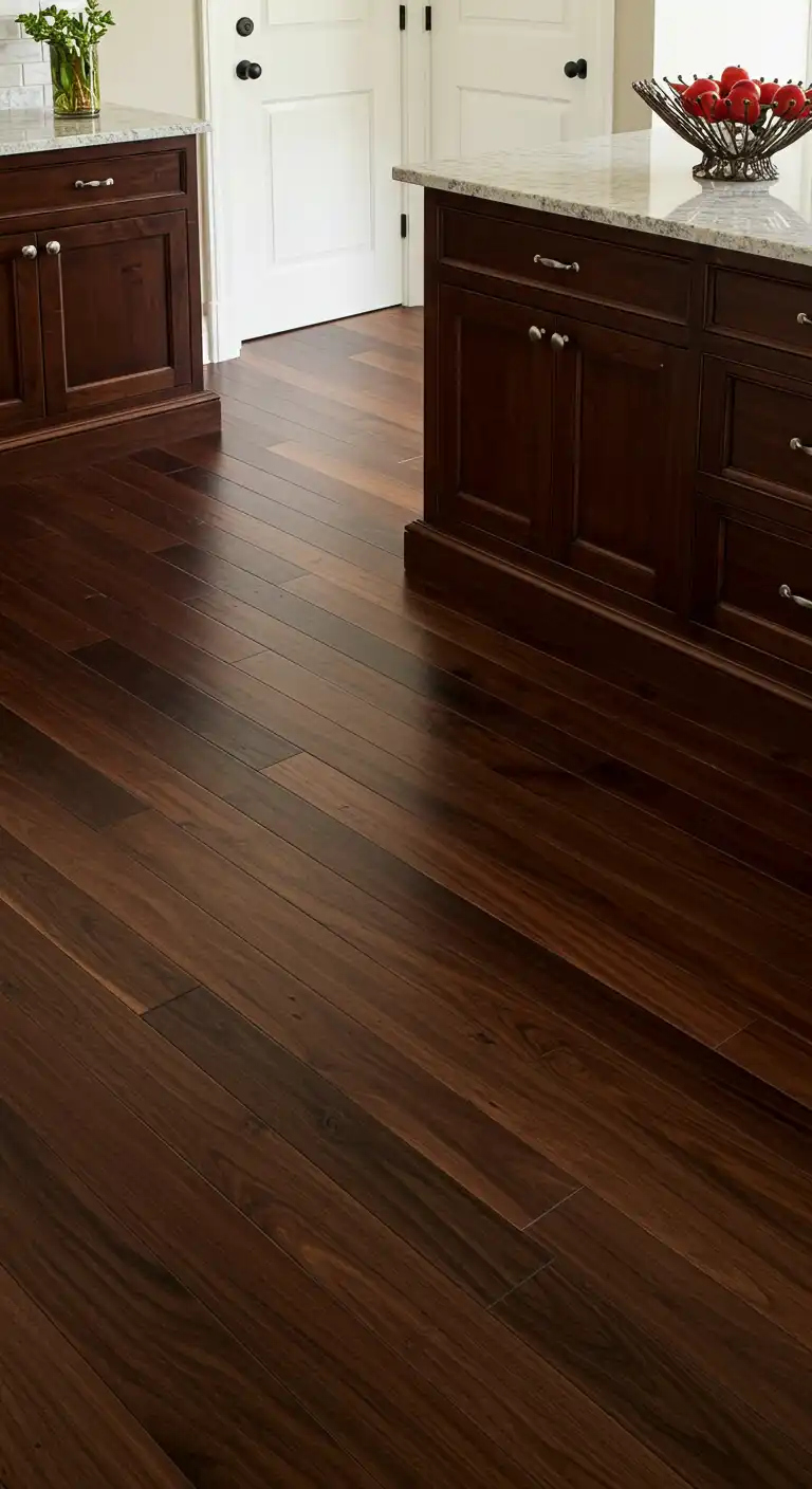 10 Warm and Stylish Kitchen Wood Flooring Ideas for a Cozy Space 6 5. Dark Walnut for a Dramatic Look