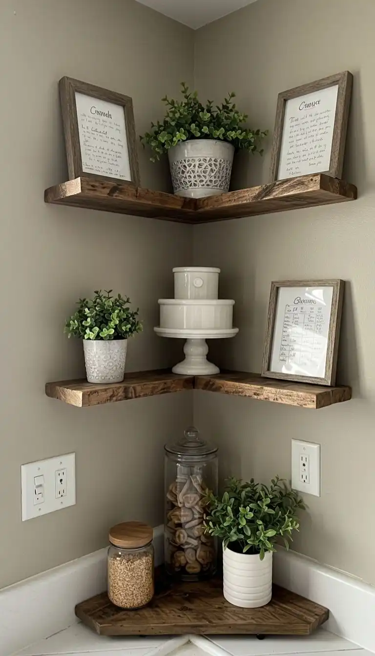 9 Reclaimed Wood Shelving Ideas for Kitchen 6 5. Space-Saving Corner Shelving