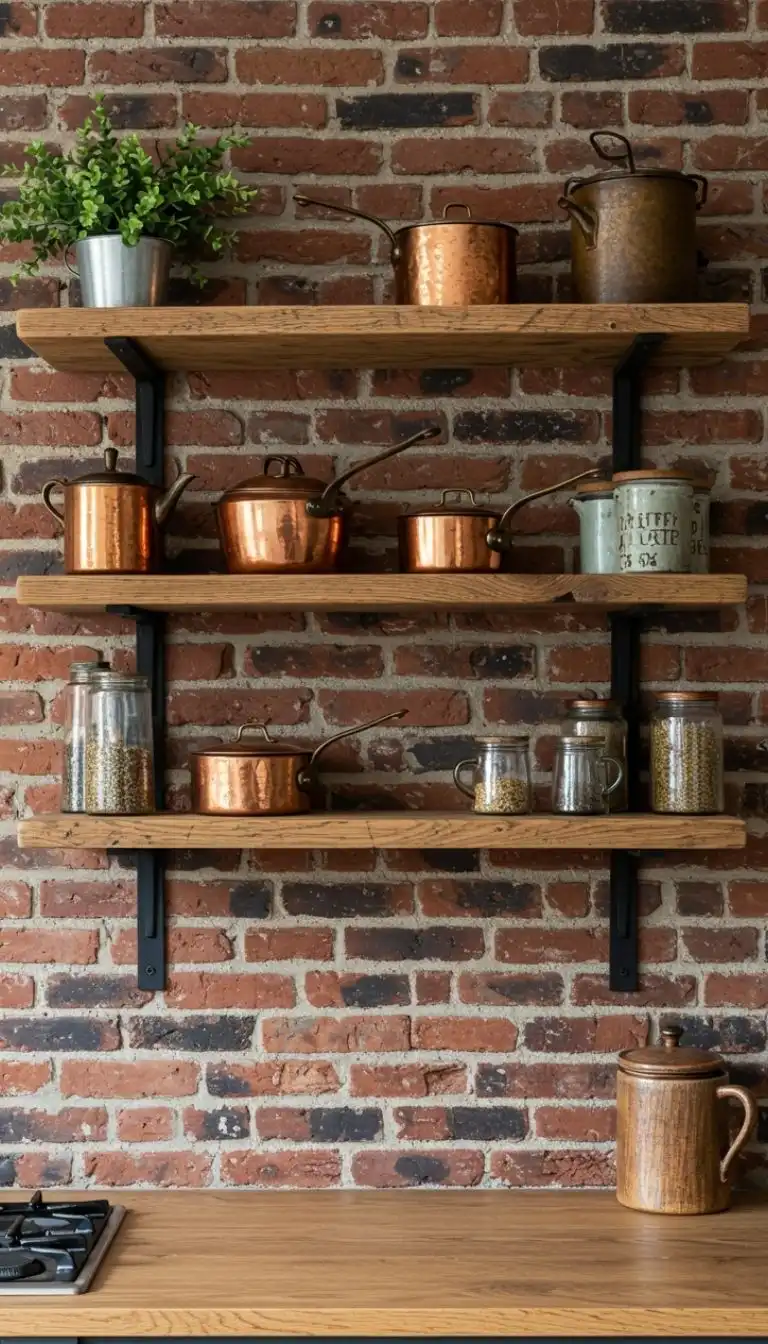 9 Reclaimed Wood Shelving Ideas for Kitchen 7 6. Reclaimed Wood Shelves Against an Exposed Brick Wall
