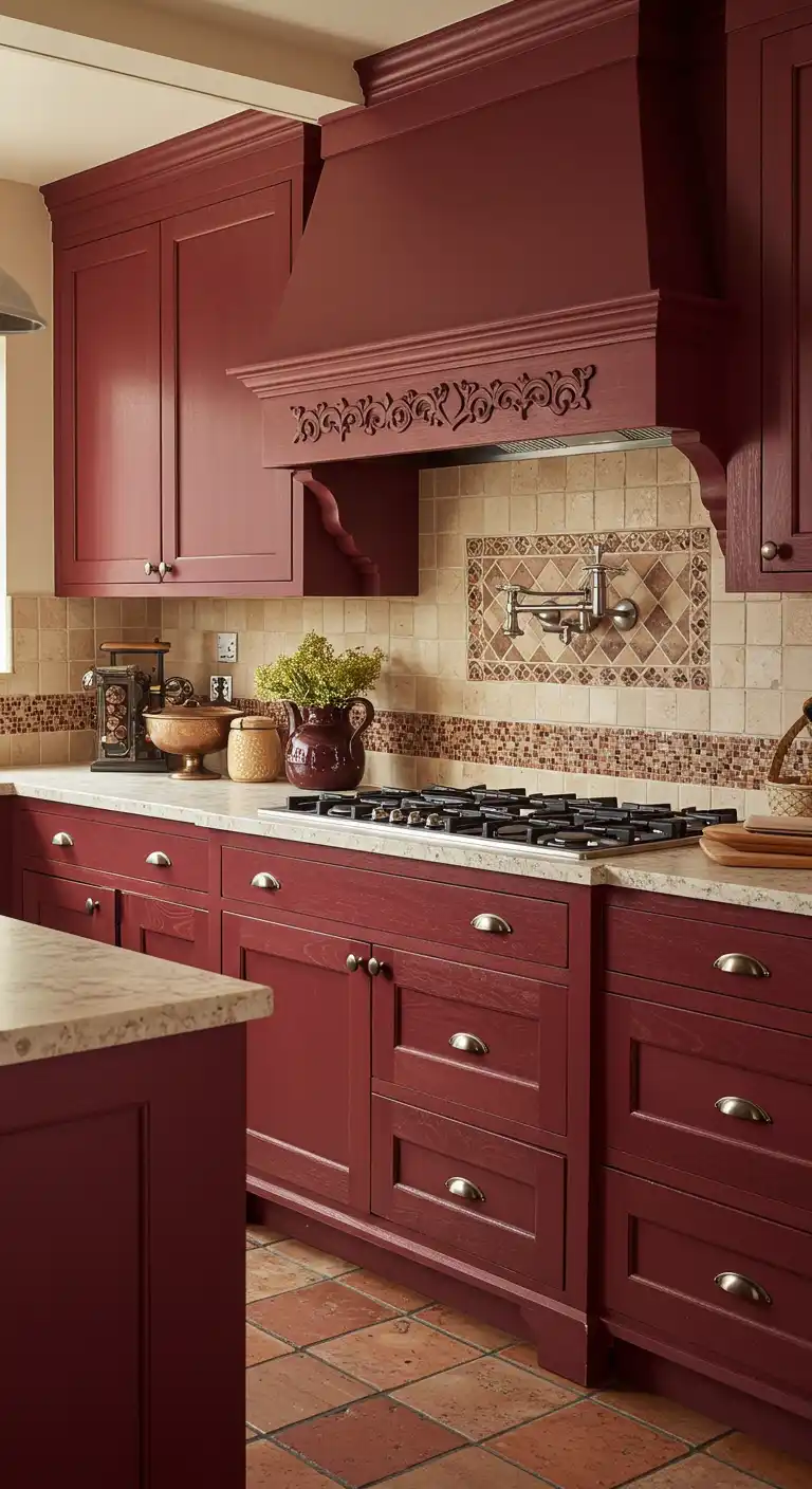 8 Kitchen Color Ideas with Oak Cabinets for a Timeless Look 8 7. Deep Red for a Warm and Rustic Charm