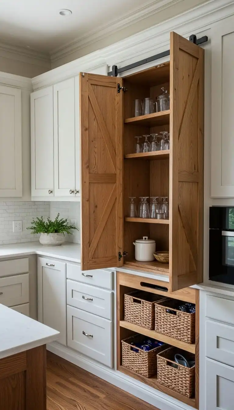9 Reclaimed Wood Shelving Ideas for Kitchen 8 7. Hidden Storage Behind Reclaimed Wood Shelves