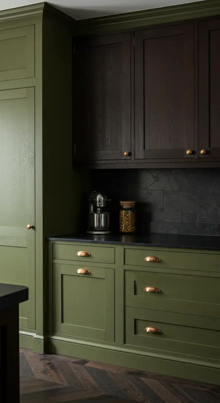 10 Trendy Kitchen Color Schemes for a Fresh New Look 8 8. Olive Green and Dark Wood