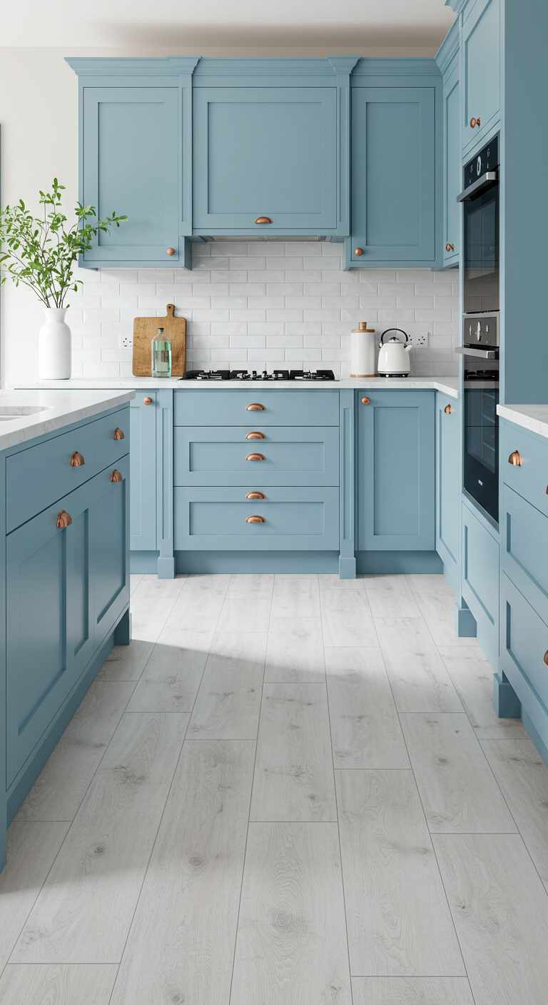 10 Kitchen Flooring Ideas with Blue Cabinets for a Fresh and Vibrant Look 9 8. Whitewashed Wood Flooring for a Coastal Feel