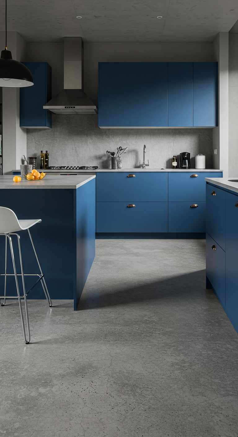 10 Kitchen Flooring Ideas with Blue Cabinets for a Fresh and Vibrant Look 10 9. Concrete Flooring for an Industrial Edge