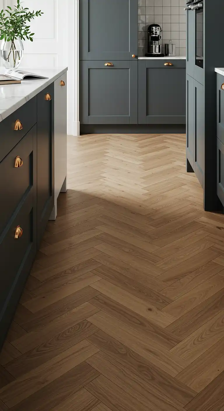 10 Warm and Stylish Kitchen Wood Flooring Ideas for a Cozy Space 10 9. Parquet Wood Flooring for a Sophisticated Touch