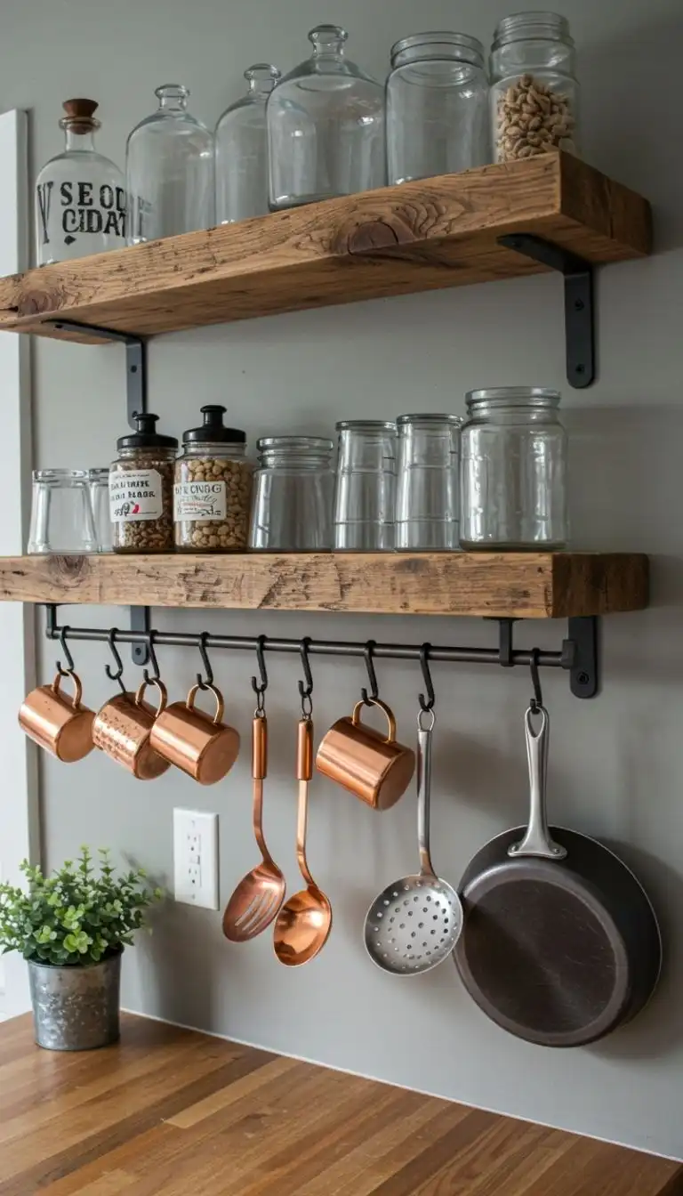 9 Reclaimed Wood Shelving Ideas for Kitchen 10 9. Reclaimed Wood Shelves with Hanging Storage Below