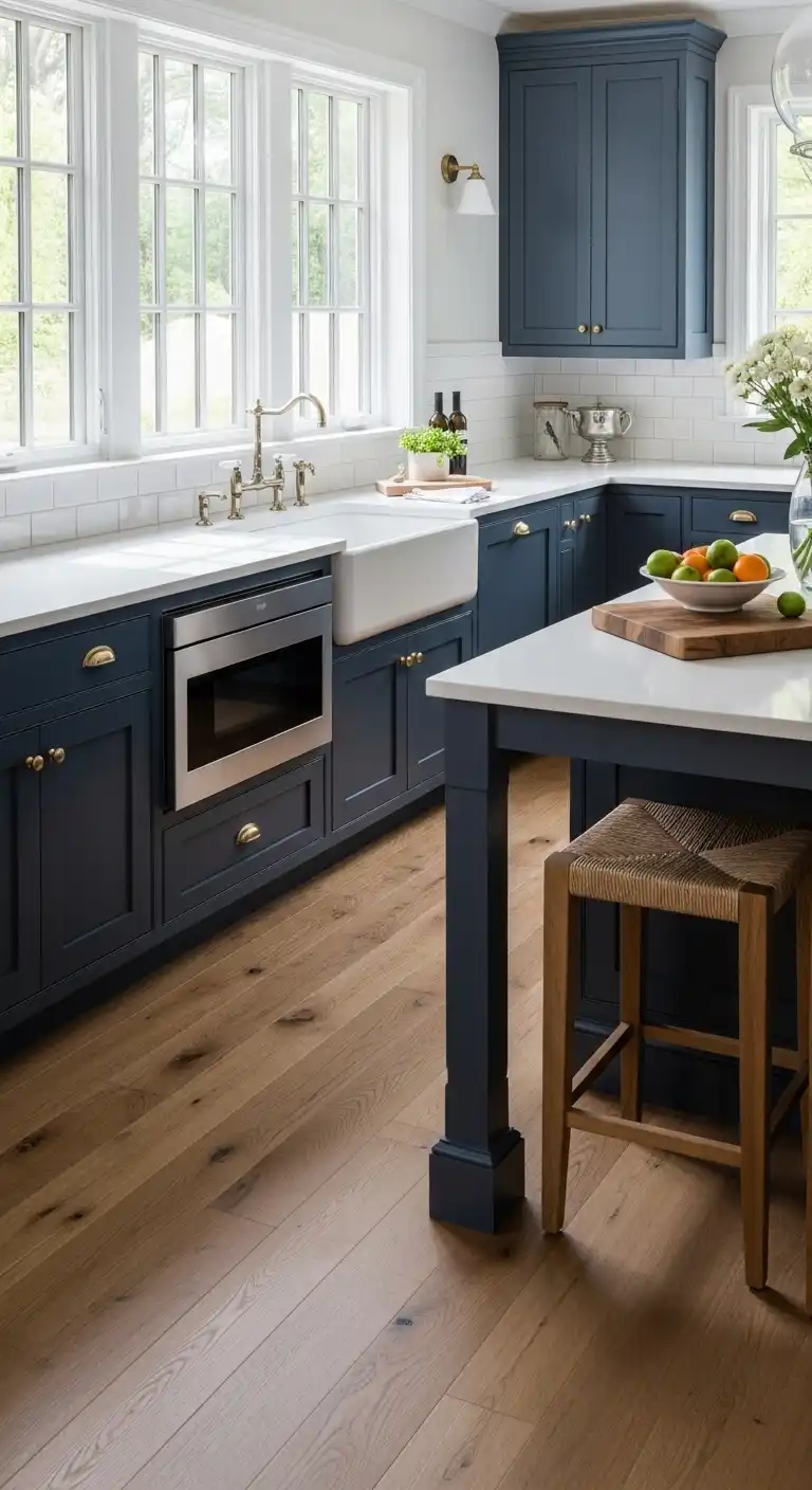 A bright, airy kitchen with navy blue shaker-style cabinets