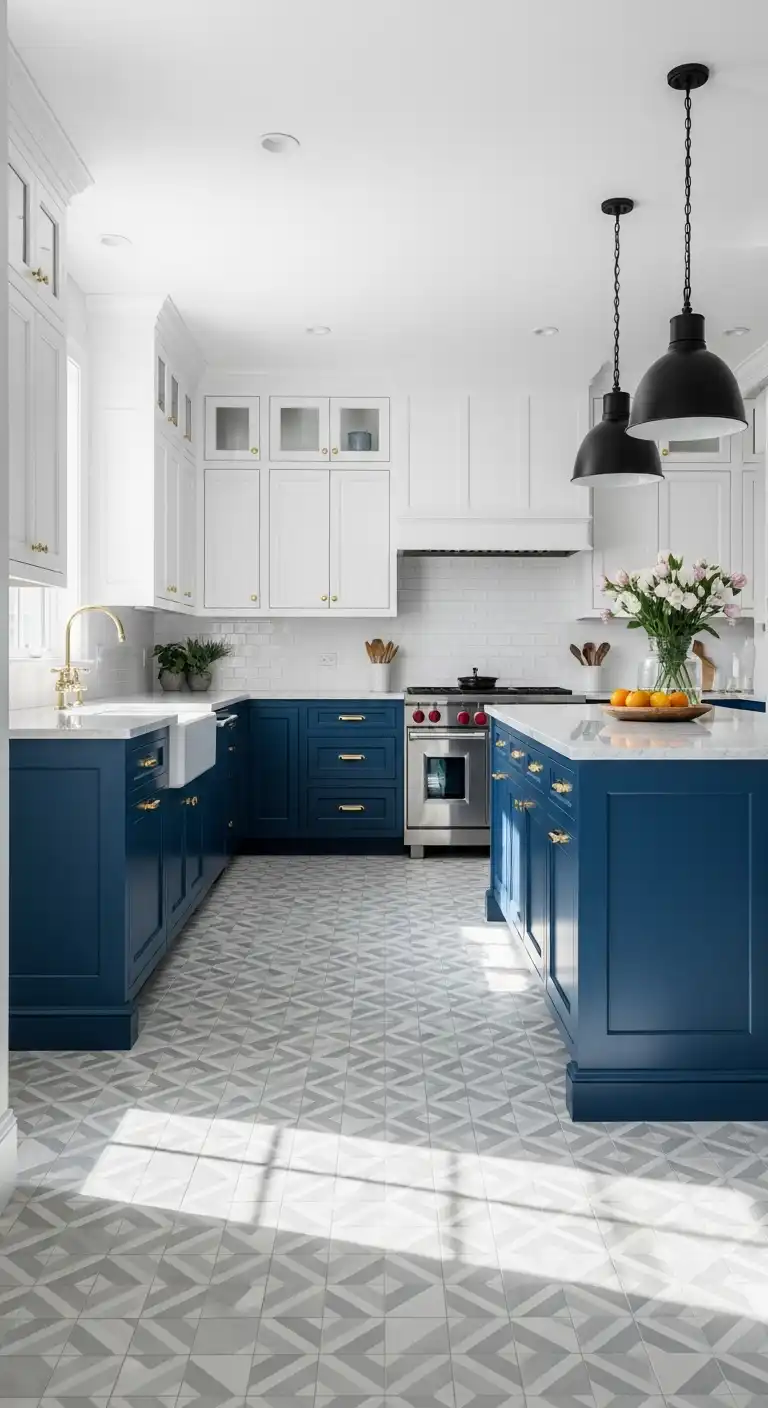A bright, airy kitchen with rich cobalt-blue lower cabinets