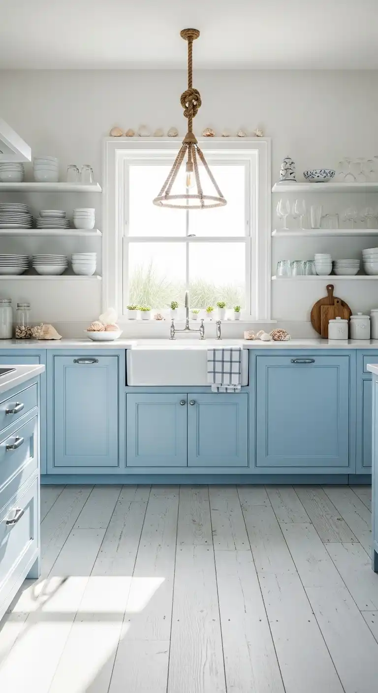 A bright coastal-style kitchen with baby blue shaker cabinets