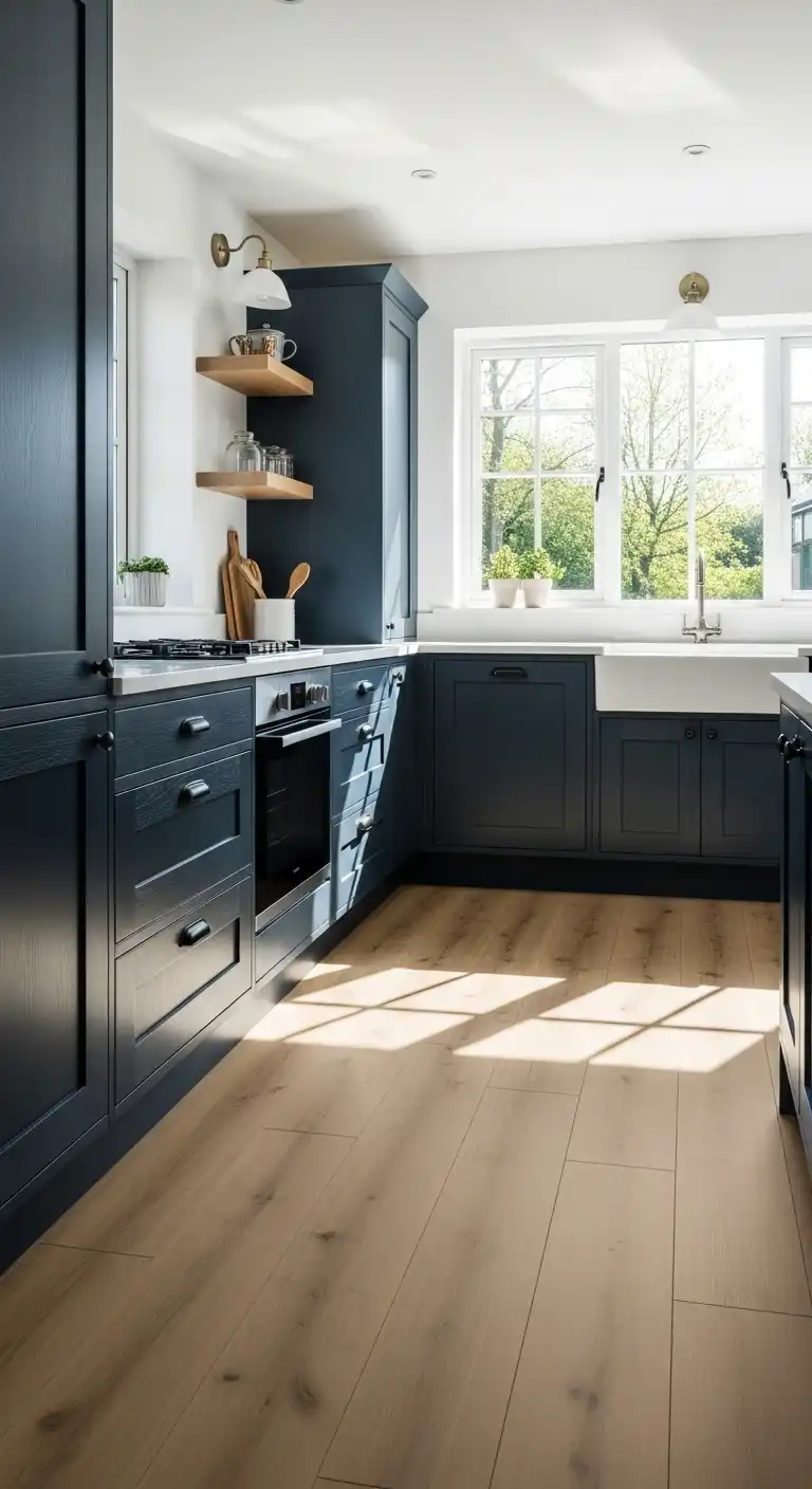 A bright contemporary kitchen with deep navy blue shaker cabinets