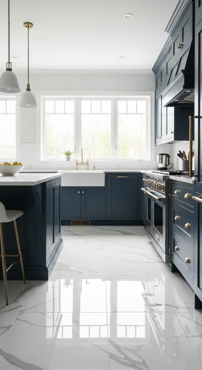 A bright, modern kitchen with deep navy-blue shaker cabinets