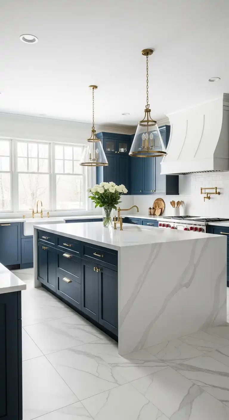 A bright transitional kitchen featuring navy blue shaker cabinets with brass hardware