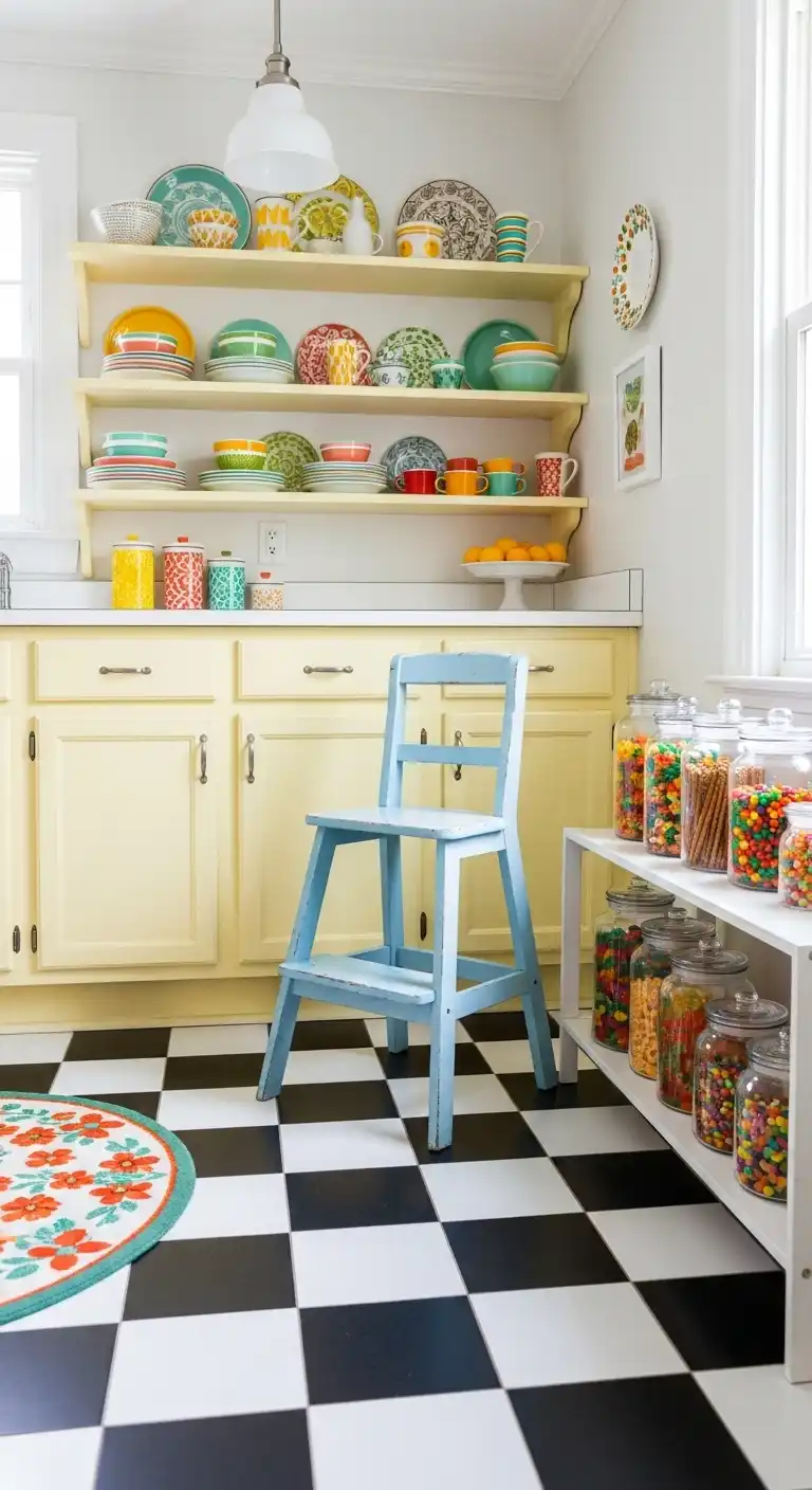 A cheerful kitchen with checkerboard flooring, yellow pastel cabinets