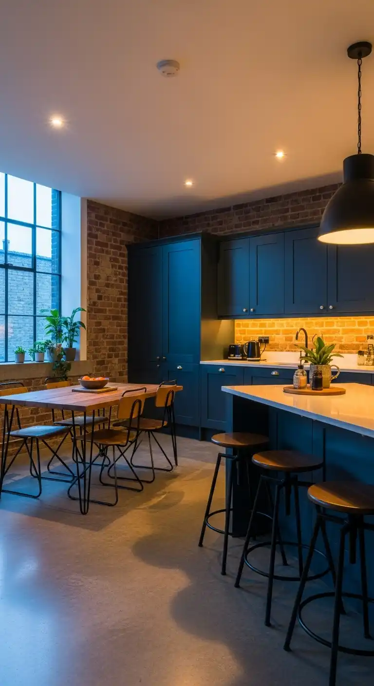A chic, urban loft kitchen with dark blue shaker cabinets, polished concrete floors