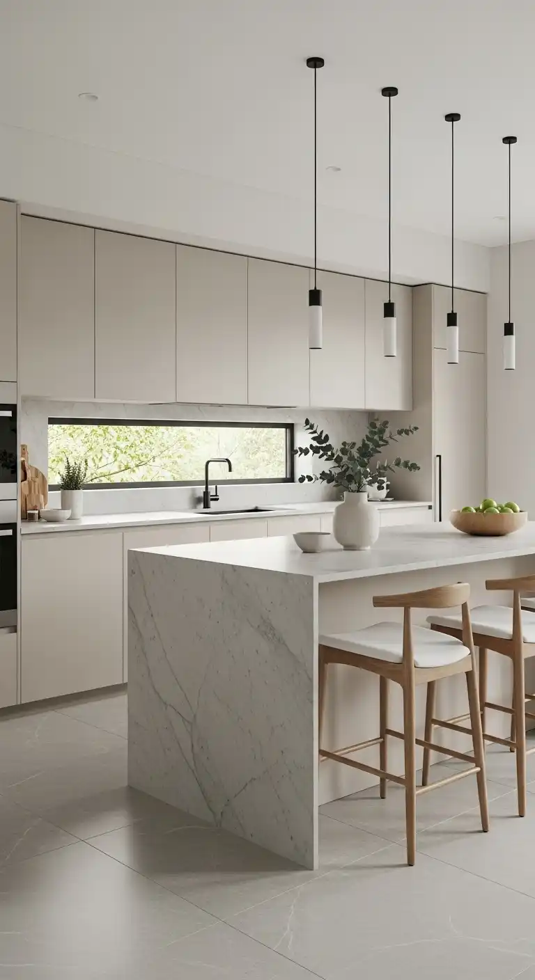 A clean, Scandinavian-inspired kitchen featuring light gray marble-look vinyl tiles