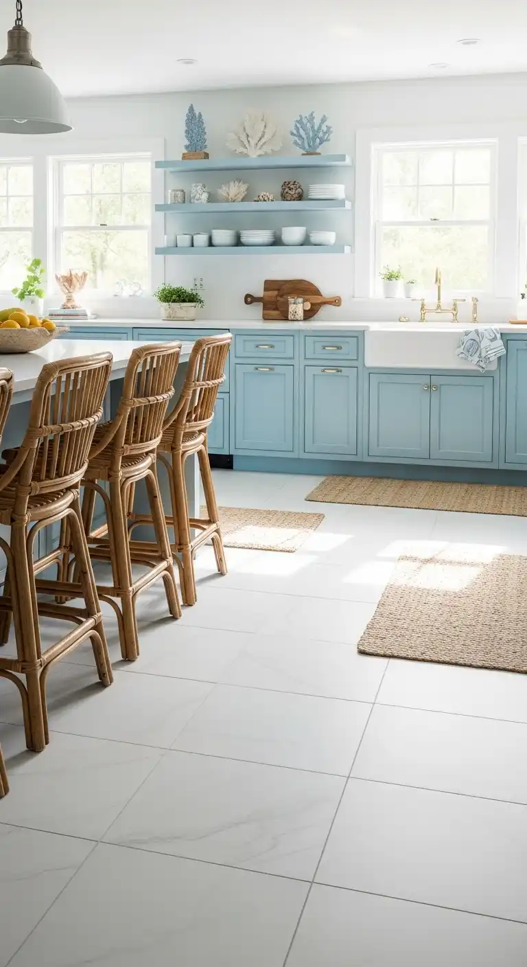 A coastal-style kitchen featuring soft sky-blue cabinets