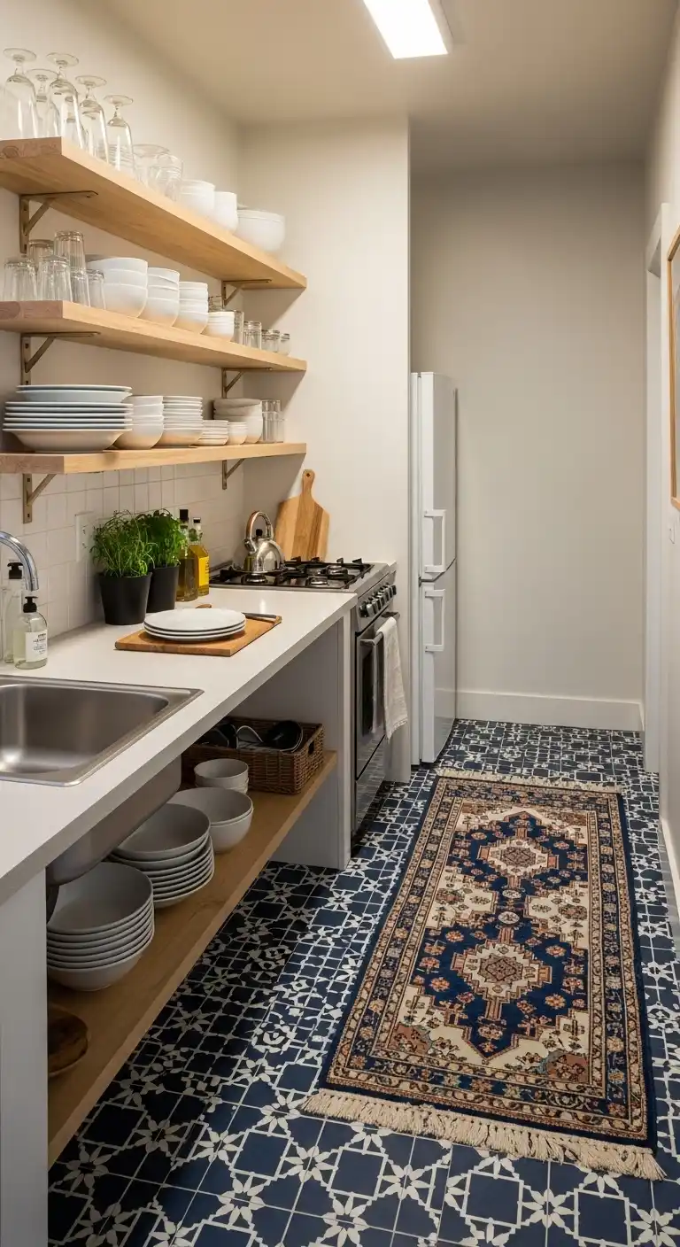 A compact galley kitchen with Moroccan-style navy and white vinyl tiles