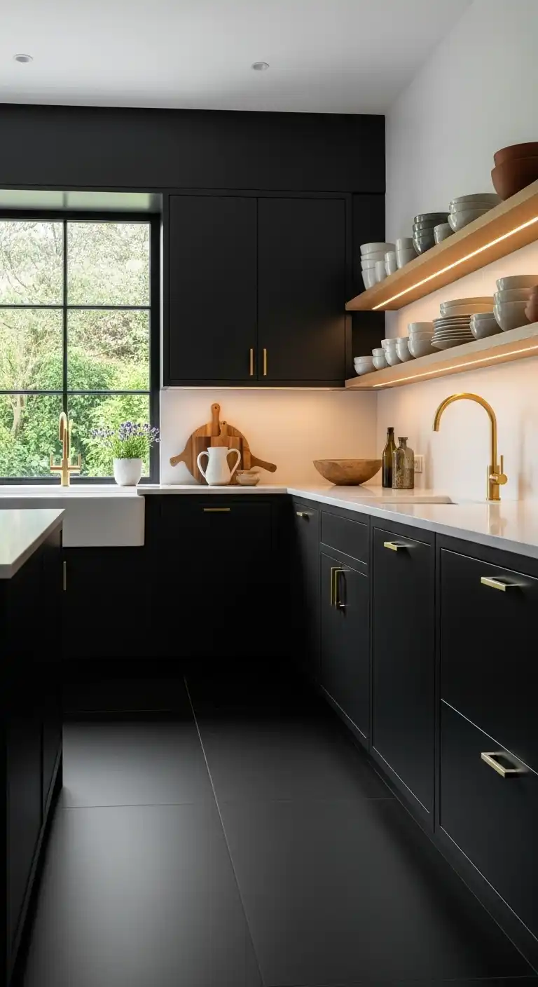 A contemporary kitchen featuring matte black vinyl tile flooring