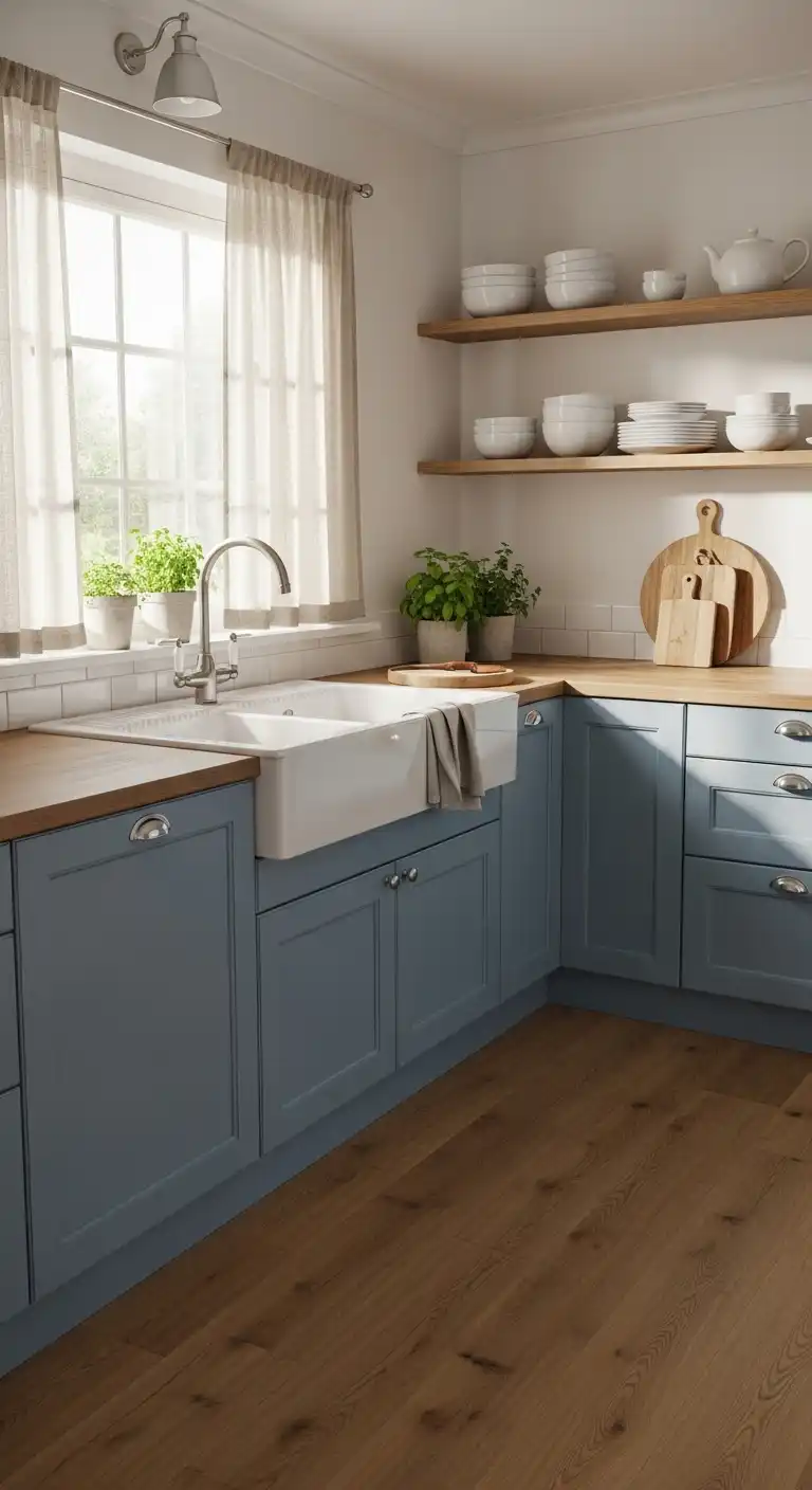 A cozy kitchen with powder blue cabinets