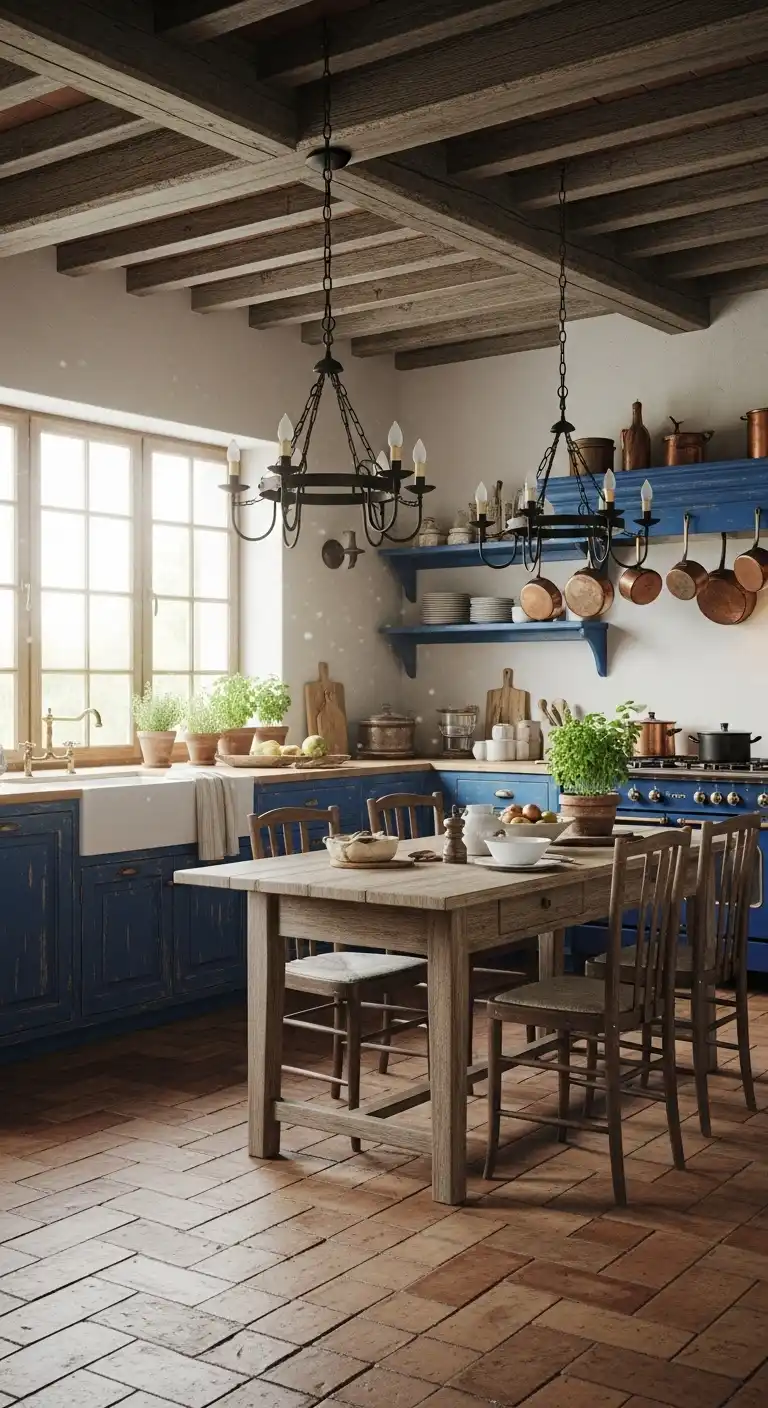 A cozy, rustic Mediterranean kitchen with distressed royal blue cabinetry