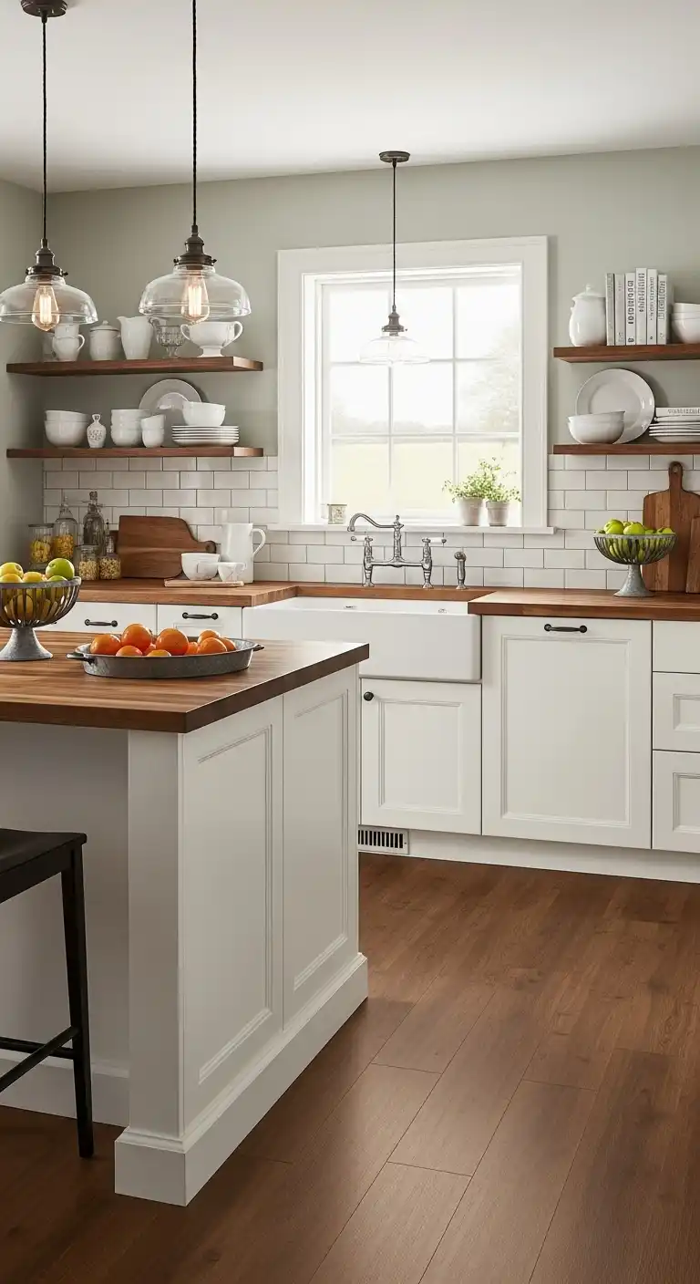 A farmhouse-inspired kitchen featuring medium-toned walnut vinyl flooring