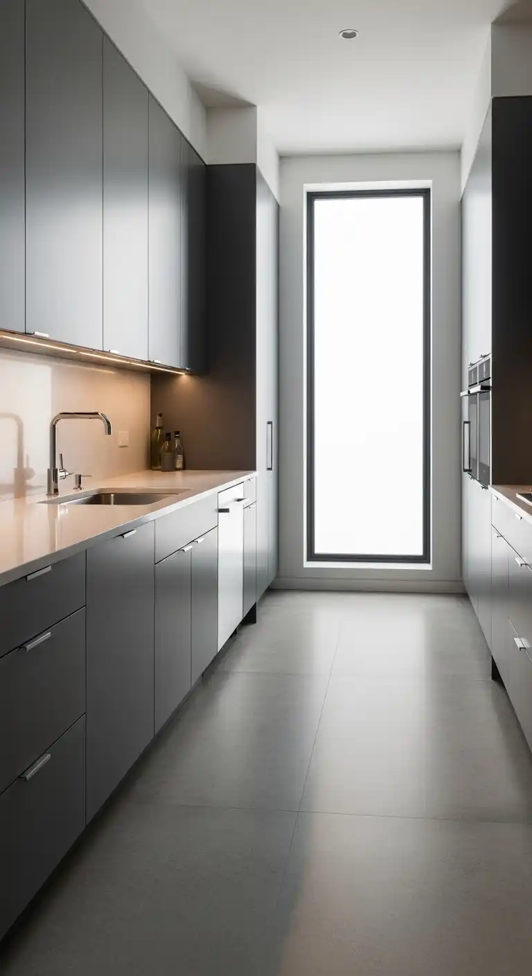 A galley-style kitchen with concrete-look vinyl floors
