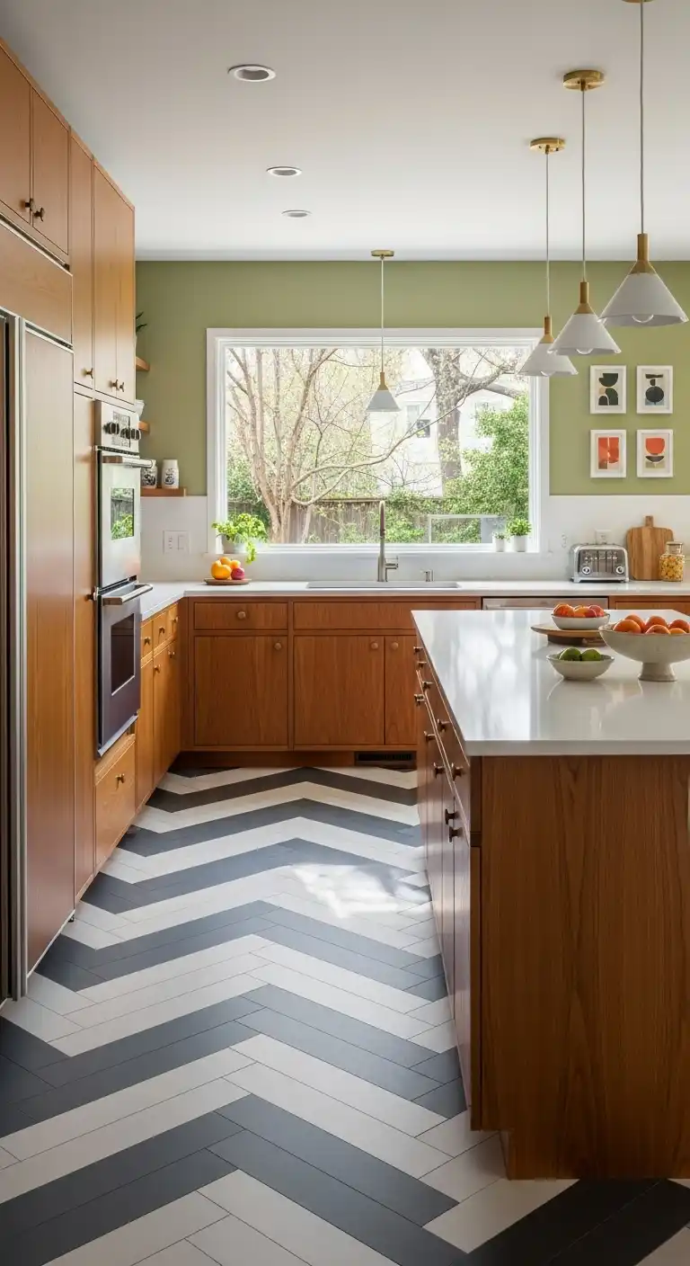 A mid-century modern kitchen with warm wood cabinetry