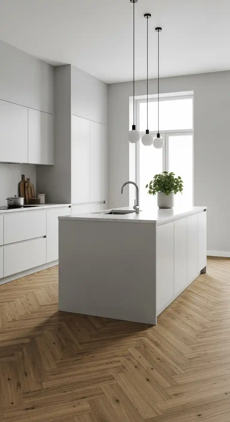 A minimalist kitchen featuring warm wood-effect herringbone vinyl tiles