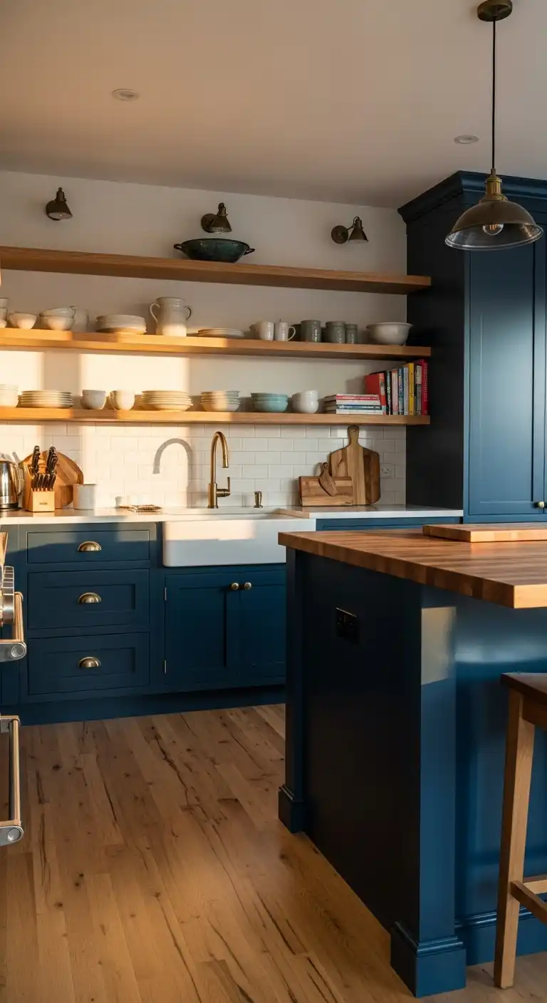 A modern farmhouse-inspired kitchen with navy blue lower cabinets