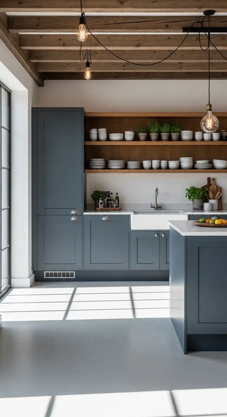 A modern industrial kitchen featuring smooth, light-gray polished concrete floors
