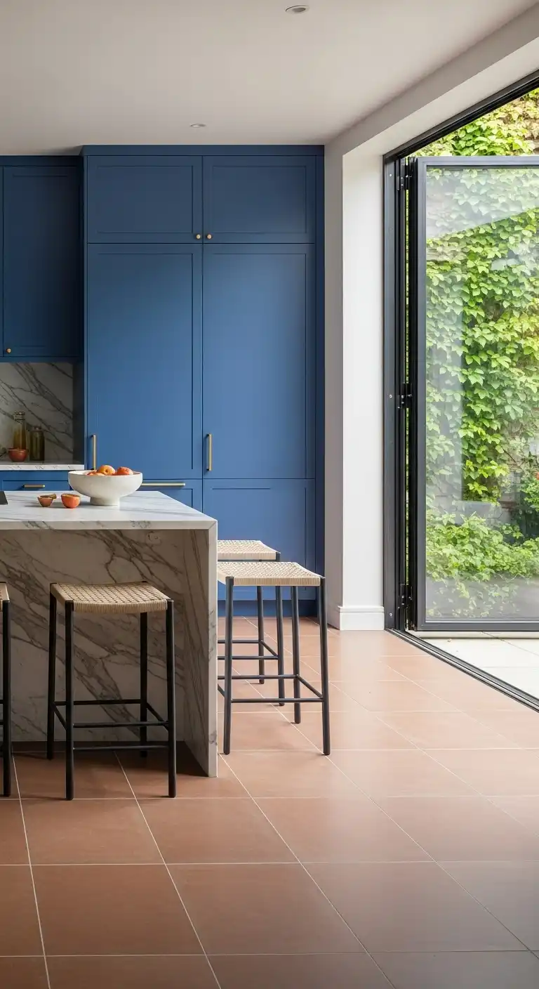 A modern kitchen with sleek royal blue cabinets