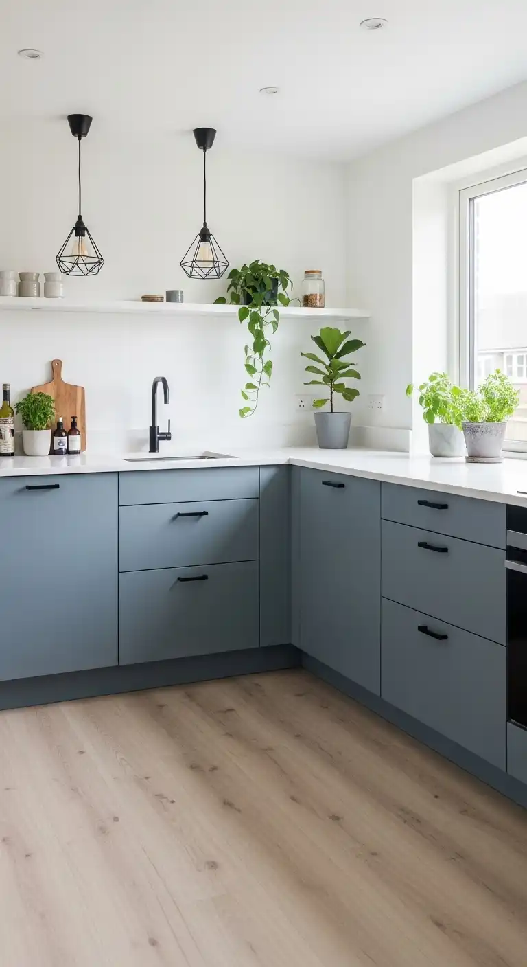 A sleek Scandinavian-style kitchen with matte blue cabinets