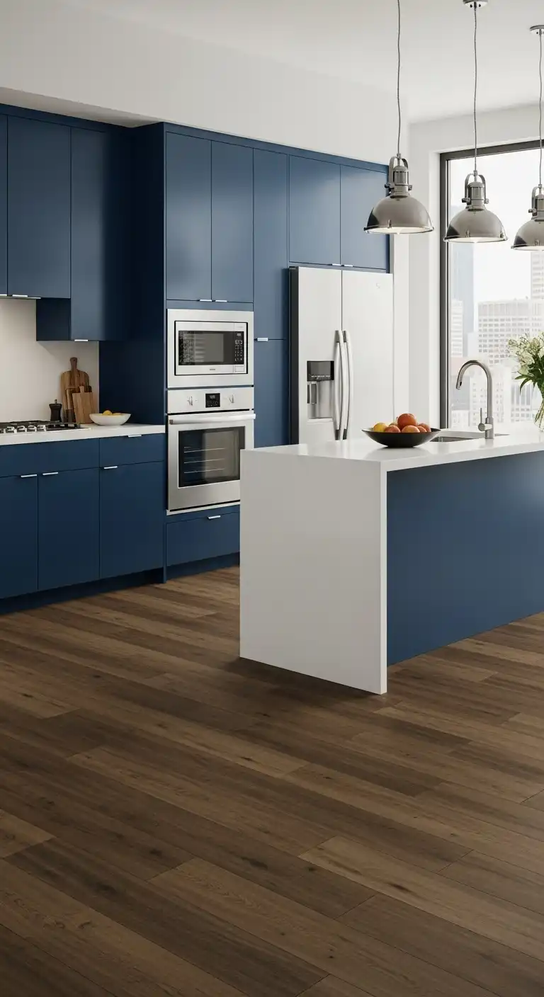 A sleek, open-concept urban kitchen with navy flat-panel cabinets