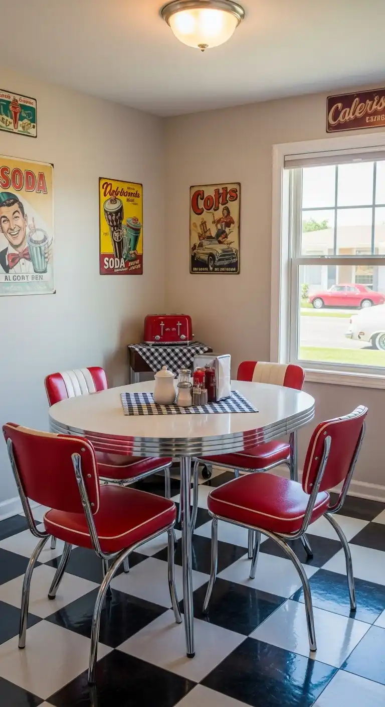 A small breakfast nook with black-and-white checkerboard flooring