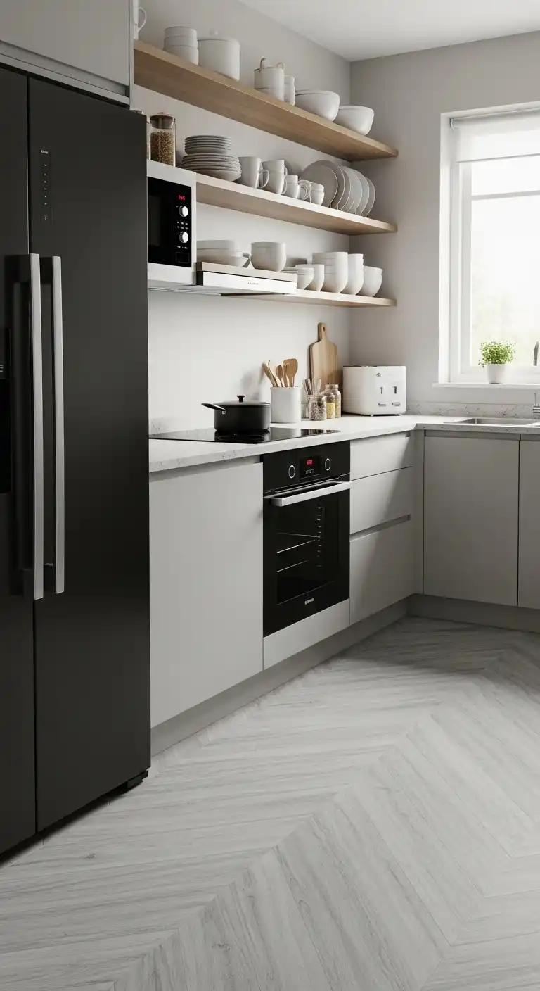 A small galley kitchen with light grey marble-look herringbone vinyl flooring